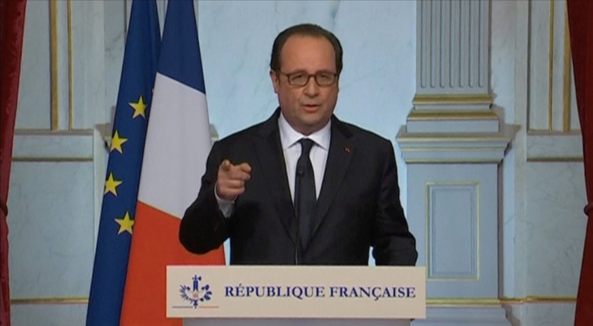 Still image from video shows French President Francois Hollande giving a statement following the attack in Nice, during a national television address in Paris